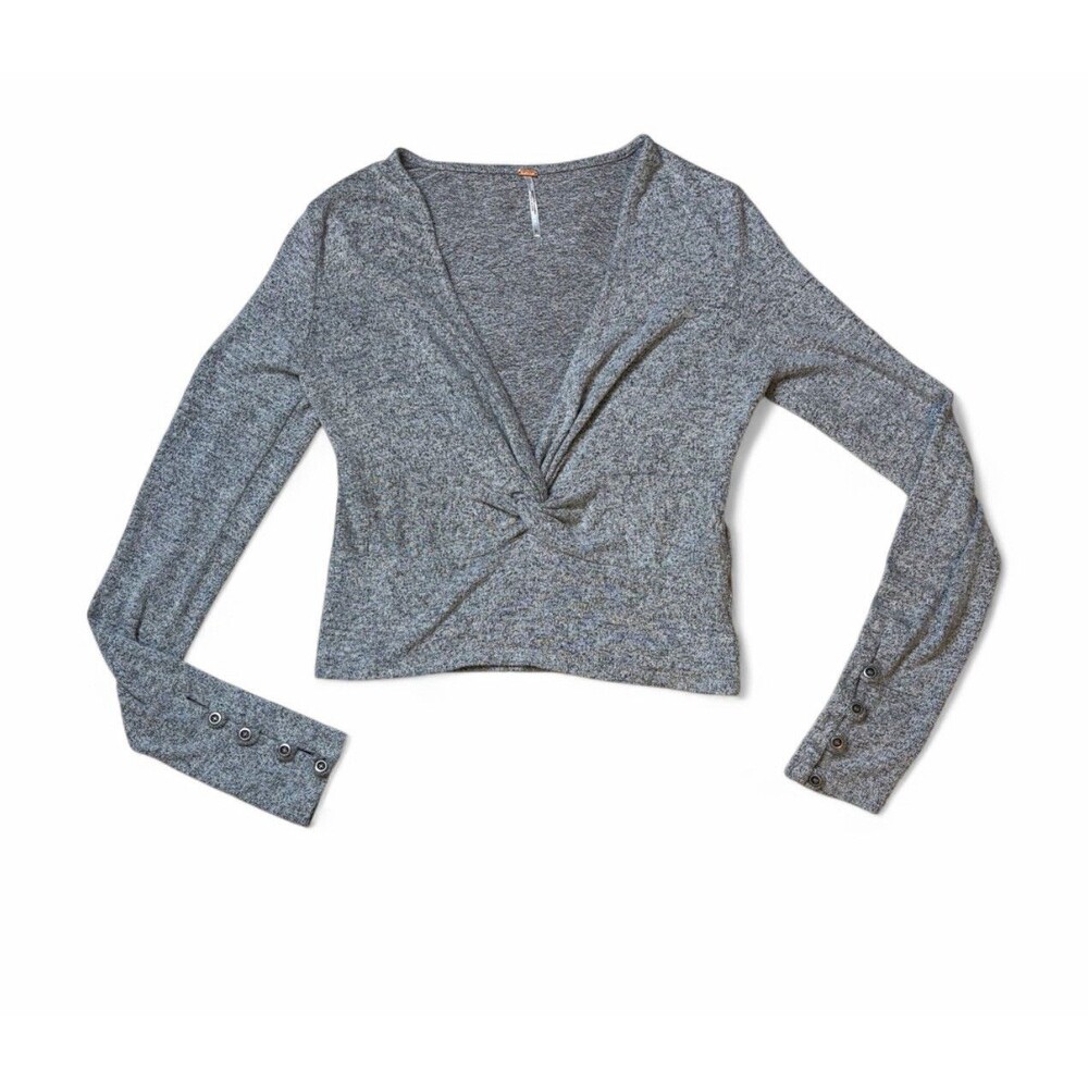 Free People Gray Solid Knit V-Neck Long Sleeve Button Accent Pullover Sweater S